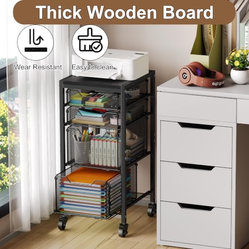 Image of Rolling Storage Cart with Drawers, Under Desk Storage with Wooden Tabletop & Lockable Wheels, 4-Tier Storage Drawers for Bathroom, Craft, Office, Black