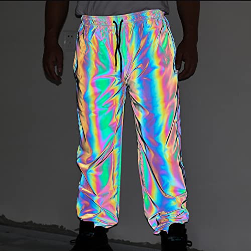 Akkad Kuti Mens Reflective Pants Rainbow Party Dance Fluorescent Trousers Casual Night Joggers Cycling (Rainbow Pants,L) #TOP2