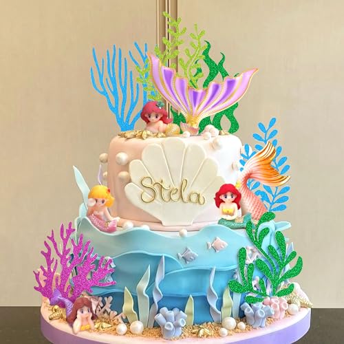 LaVenty Little Mermaid Cake Topper Under the Sea Cake Decoration Seashell Cake Topper Mermaid Tail Cake Topper Mermaid Party Supplies