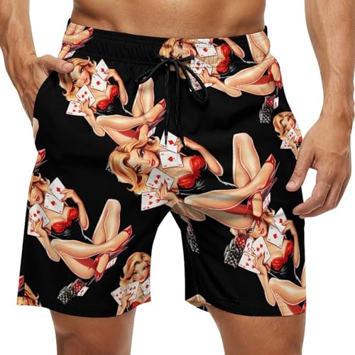 Aces Playing Cards Pinup Girl Men's Swim Trunks Casual Bathing Suit Board Shorts Hawaiian Beach Swimwear Swim Shorts