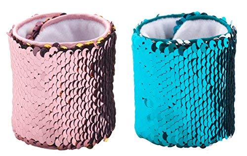 ROOSSI 2PCS/Pack Reversible Sequin Bracelets Mermaid Wristband Cuff Children Bracelets Plush Toys Party Favors Birthday Gifts D
