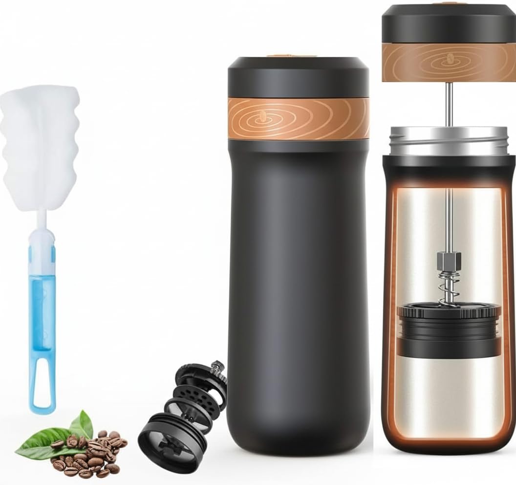 MAKINGTEC Classic Portable French Press Coffee & Tea Mug 12 oz with Carry Loop, Stainless Steel French Press Coffee Maker, BPA Free Great for Camping and Travel (Random Brush Color)