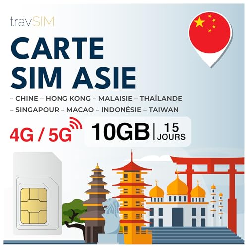 travSIM Carte SIM Asiatique | 15 Jours – 10 Go | Carte SIM Asie, Utilisation à Macao, Chine, Hong Kong, Malaisie, Thaïlande, Singapour et Plus | Accès à...