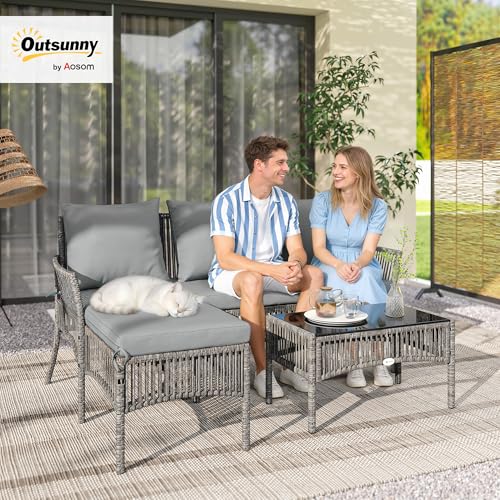 Outsunny 4 Seater Rattan Garden Furniture Set, 3 Piece Corner Garden Sofa with Chaise Lounge, Loveseat, Glass Coffee Table, Wicker Outdoor Lounge Set with Cushions for Patio Conservatory, Dark Grey 2 Outsunny 4 Seater Rattan Garden Furniture Set, 3 Piece Corner Garden Sofa with Chaise Lounge, Loveseat, Glass Coffee Table, Wicker Outdoor Lounge Set with Cushions for Patio Conservatory, Dark Grey - Image 2