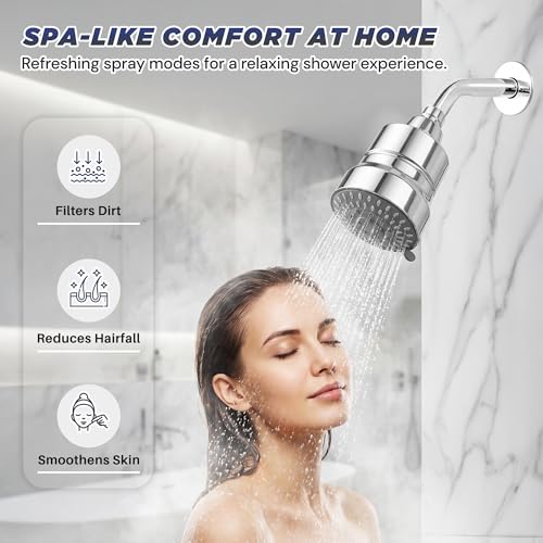 Image of IBELL Shower Filter for Hard Water Bathroom with Extra Replacement Filter | 15 Stage High Pressure Water Softener Shower Head | 5 Spray Modes | Reduces Chlorine, Hair Fall & Dry Skin