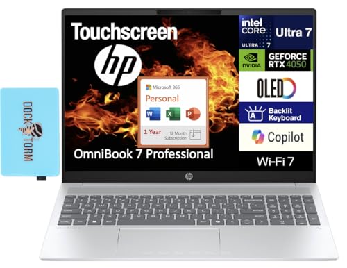 Image of HP OmniBook 7 Professional Laptop 16.0 inch Touchscreen OLED 2048x1280 Display (Intel Ultra 7-255H, 32GB DDR5, 1TB PCIe SSD, GeForce RTX 4050, Win 11 Pro) w /MS 365 Personal, DKZ USB Port Expander