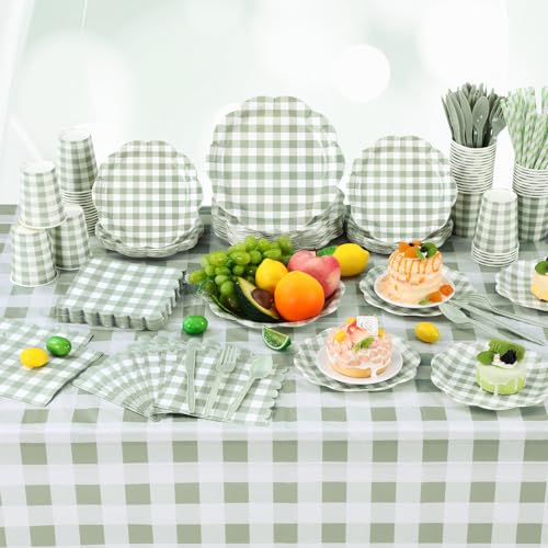Image of Funnymoom 452 Pcs Sage Green Gingham Party Supplies for 50 Guests, Green Gingham Paper Plates Napkins Cup Tablecloth Disposable Tableware for BBQ Picnic Birthday Baby Shower Wedding Party Decoration
