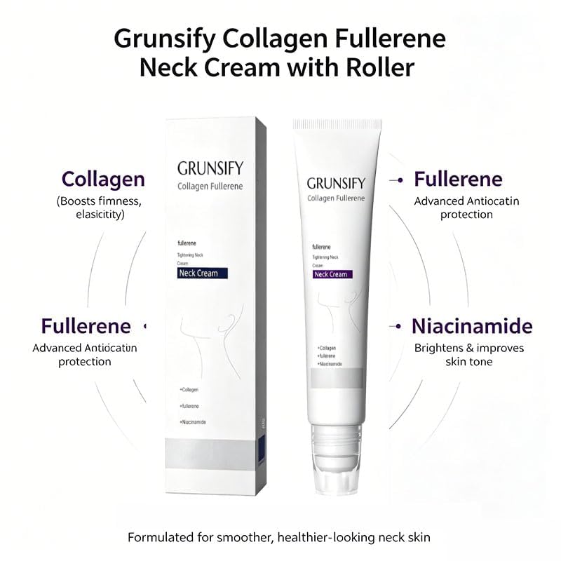 Image of Grunsify Collagen Fullerene Neck Cream With Roller, Magic Collagen Fullerene Neck Cream, Firming & Tightening With Collagen Peptides, Retinol & Hyaluronic Acid, Reduces Wrinkles & Double Chin