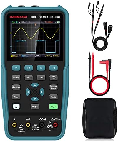 HANMATEK Handheld Digital Oscilloscope 50Mhz Bandwidth with 2 Channels HO52 3.5"TFT Mini Oscilloscope, 2 in 1 Oscilloscope and Multimeter, Backlit Screen, Auto-Calibration Function, Memory Function