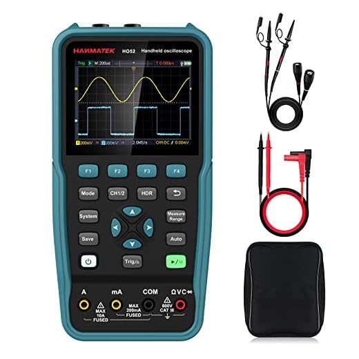 HANMATEK Handheld Digital Oscilloscope 50Mhz Bandwidth with 2 Channels HO52 3.5"TFT Mini Oscilloscope, 2 in 1 Oscilloscope and Multimeter, Backlit Screen, Auto-Calibration Function, Memory Function