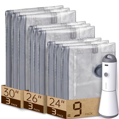 9 Packs Rechargeable Pump Vacuum Bags for Travel Packing, Carry-on Size Vacuum Seal Bags for Luggage and Suitcase Compression, Space Saver for Clothes and Clothing Organization 9 Combo Trave