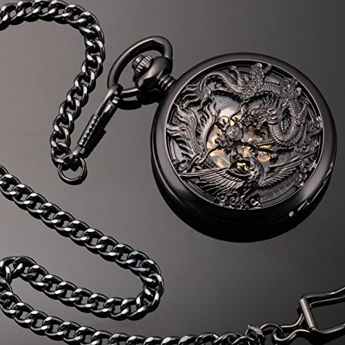 Manchda Antique Mechanical Pocket Watches For Men Lucky Dragon Phoenix Pocket Watch With Chain Black Skeleton Dial Roman Numberals Gifts For Fathers Day #TOP5