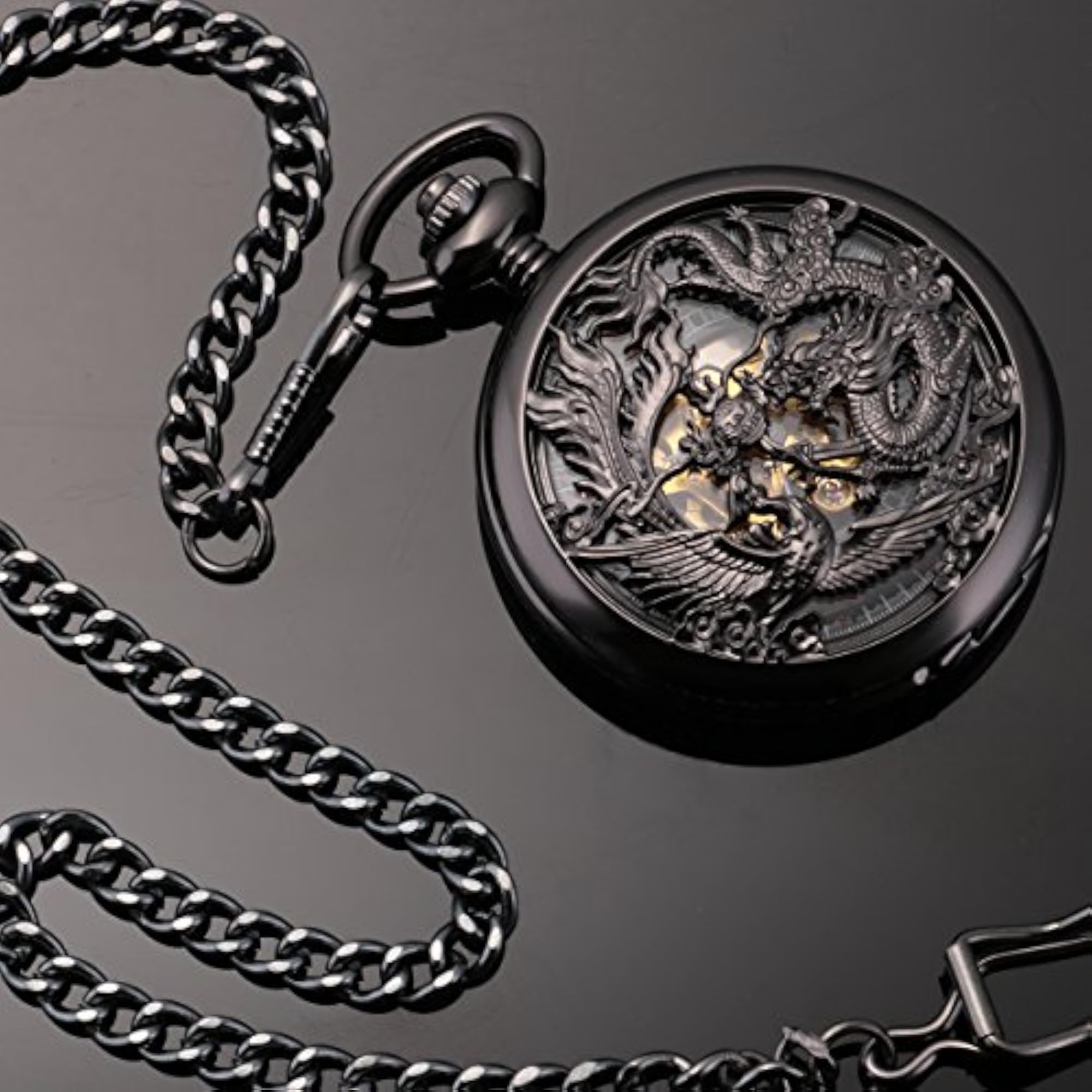 Mechanical Dragon and Phoenix Pocket Watch with Chain, Unisex