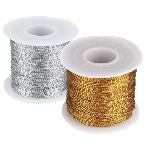 2 Rollos Hilo de Dorado Plata Cordel Metálico 0.4mm x 50m Cordon Dorado para Decoración Navideña Manualidades Envolver Regalos