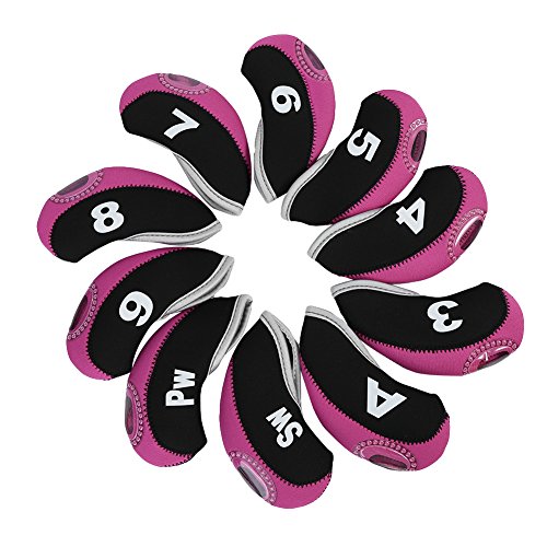 Putter Cover, 10 Pcs Neoprene Iron Putter Protector with Zipper Deign and Number Tag Eat to Recognize(Black&Rose Red)