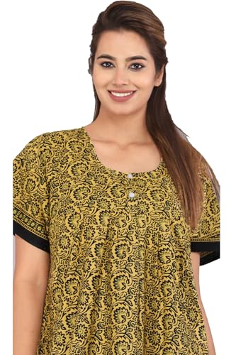 Image of Kuruti B Sheets Cotton Nighty for Women Jaipuri Print 2 Button Round Neck Short Sleeve Night Gown | Maxi Dress