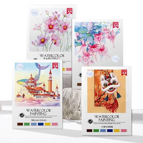 JTENJCHE DIY Watercolor Paint Set Travel Watercolor Kit 4 Themes 16 Paintings for Relaxation Art Craft Gift for Kids Teens and Adults Beginners Large 11.7 * 8.5'' (Kit2)