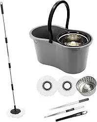 Mop com Balde Giratório Cesto em Inox 9 Litros Esfregão para Limpeza Lava e Seca com 2 Refis de Microfibra Premium