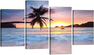 Pyradecor Sunrise Beach Theme Canvas Prints Wall Art Ocean Sea Pictures Paintings for Living Room Bedroom Home Office Decorations Modern 4 Piece Stretched and Framed Seascape Giclee Artwork