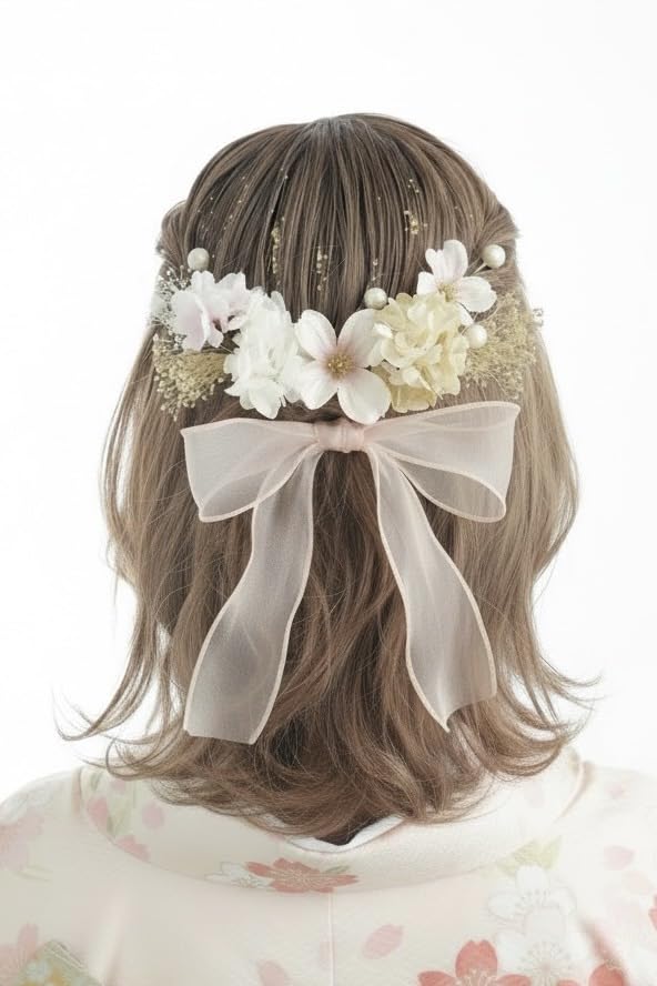 Lomeri Organza Ribbon Hair Ornament White Preserved Flower Bridal Wedding