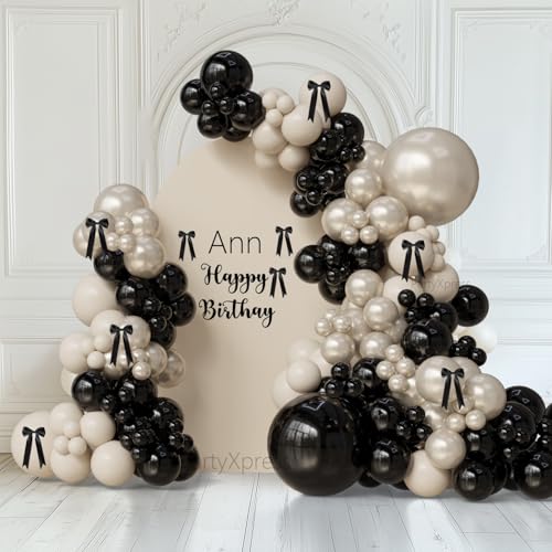 Image of Black and White Champagne Bow Balloon Arch Kit Double-stuffed Pearl Beige Cream Balloons for 2025 Graduation, Prom, Martini Birthday,Bridal Shower, Wedding,Coquette Bride Party Decorations