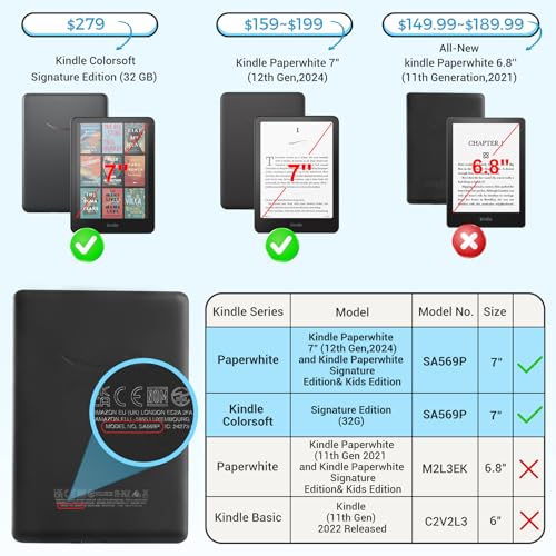 Image of CoBak Lightweight Stand Cute Case for 7 inch Kindle Paperwhite 12th Gen 2024 and Kindle Colorsoft with Right Hand Strap - Compatible with iPhone MagSafe, for Samsung /Anker Wireless Charging Pads