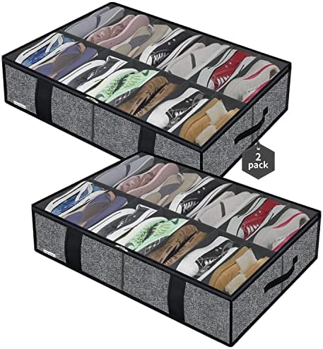 Friday Monkey Premium Large Under Bed Shoe Storage Organizers 2 Pack, Fit Total 28 Pairs, Sturdy Underbed Shoes Box Bin Container Bags with Durable Handles, 33.9x23.6x5.9 inches, Black, ZMBCUBS14S14
