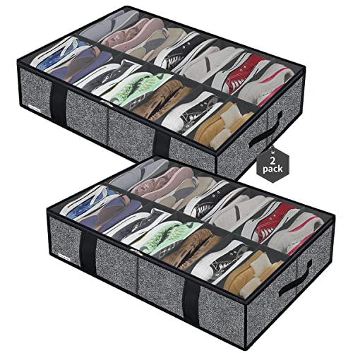 Friday Monkey Premium Large Under Bed Shoe Storage Organizers 2 Pack, Fit Total 28 Pairs, Sturdy Underbed Shoes Box Bin Container Bags With Durable Handles, 33.9X23.6X5.9 Inches, Black, Zmbcubs14S14 #TOP2