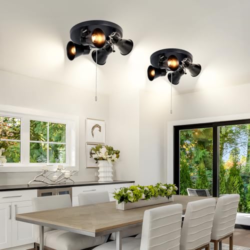 Image of 4-Light Industrial Track Lighting with Pull Chain On /Off Switch, Adjustable Round Kitchen Ceiling Light, Morden Black Flush Mount Directional Light for Kitchen, Hallway, Dining Room.