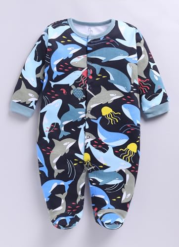 Image of BABY GO Baby Sleepsuit Pack of 3 | 100% Cotton Full Sleeve Footed Romper for Newborn Baby Boys & Girls | Front Open Snap Button Onesie Jumpsuit | Soft Breathable Nightwear