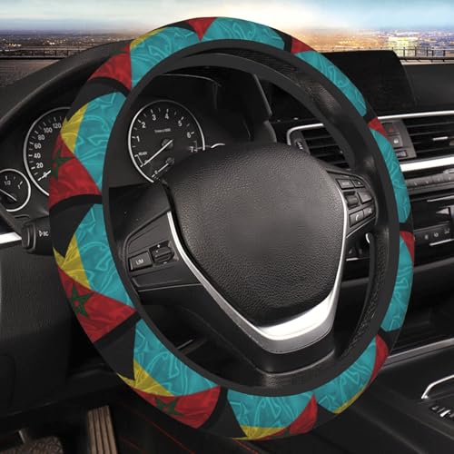 Bahamas-Bahamian-and-Morocco-Moroccans-Triangle-Flag-Steering-Wheel-Cover-for-Men-Women-Universal-Fit-15-Inch-Anti-Slip-Elastic-Thickened-Steering-Wheel-Cover