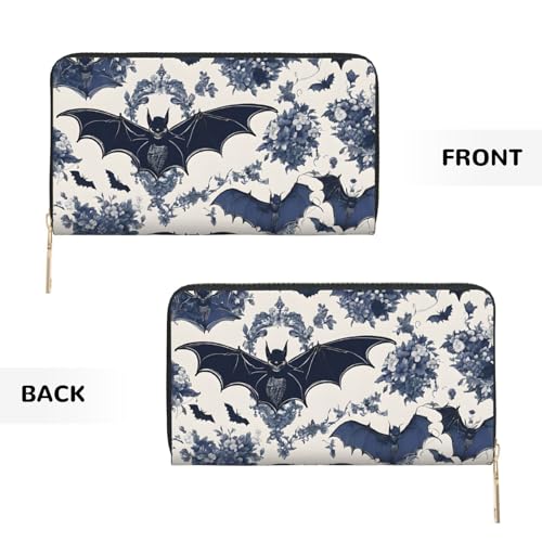 Leather Wallet for Women Ladies Novelty Printed Around Zipper Long Wallet Phone Purse Credit Card Holder, Bat pattern3