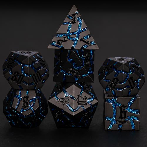 Maywin Cracked Rune Metal Dice Set for DND & RPG Dark Fantasy Fractured Design Premium Heavy Metal Polyhedral Dice with Deep Engraved Numbers 7-Piece Set Blue Arcane Vein