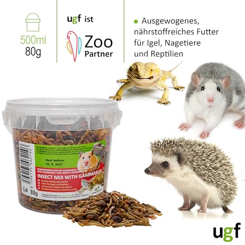 UGF - Insektenmischung mit Gammarus - 80g im 500 Milliliter Eimer, Igelfutter, Rennmausfutter, Hamsterfutter, Rattenfutter, Eidechsenfutter - Mehlwürmer, Soldatenfliegenlarven, Seidenraupen, Gammarus