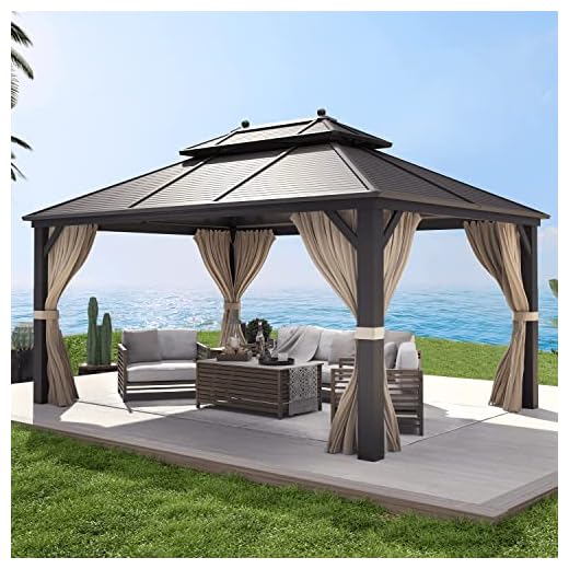 MELLCOM 10' x 13' Hardtop Gazebo, Galvanized Steel Metal Double Roof Aluminum Gazebo with Curtains and Netting, Brown Permanent Pavilion Gazebo with Aluminum Frame for Patios, Gardens, Lawns