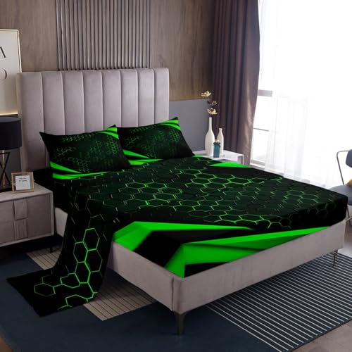 Honeycomb Sheet Set King Black Green 3D Hexagon Geometrical Pattern Gamer Bed Sheets for Boys Men Kids,Hexagonal Beehive Geometry Fitted Sheet Game Room Decor,Glowing Neon Home Decor Top Sheet