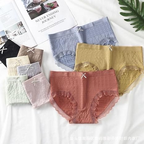 51rxEry-t4L LOURYN KOULYN® Women’s High-Waist Lace Trim Panty Set (Pack of 3) Soft Cotton Blend Briefs with Bow Detail –Breathable & Comfortable Underwear for Women (Malticolour)