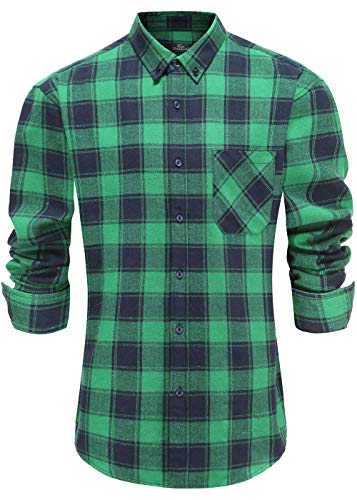 Emiqude Men's Slim Fit Stylish Flannel Long Sleeve Button Down Plaid Shirt X-Large Green Navy