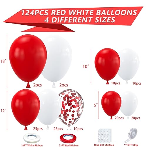 Image of YAOWKY Red and White Balloon Garland Arch kit,124PCS 18 12 10 5 Inch Matte Red Matte White Christmas Latex Balloons and Red Confetti Balloons for Wedding Birthday Party Valentine's Day Decoration