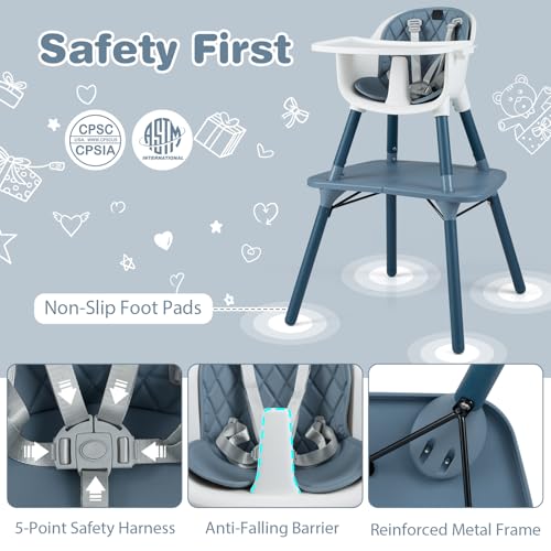 Image of HONEY JOY 5-in-1 High Chair, Convertible Highchair for Babies and Toddlers /Kids Chair Table Set /Infant Feeding Chair w /Safety Harness, PU Leather Cushion & Removable Food Tray (Blue)