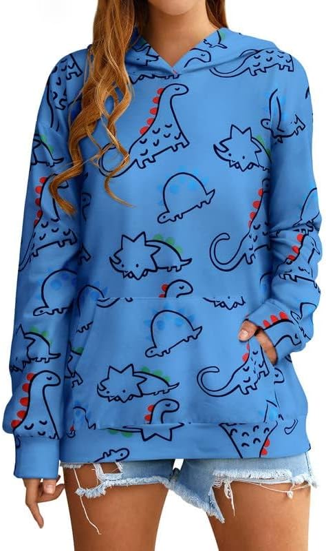 RMCMS Women Dinosaur Funny Hoodie Sweatshirt Pocket Crewneck Casual Loose Cute Tops Long Sleeve Hoodied Pullover Shirt - Image 2