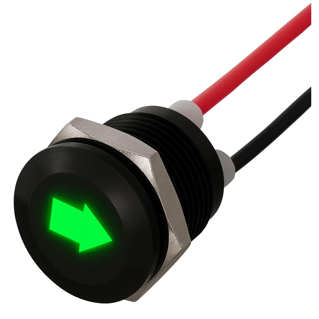 Dun-Bri Black Dbg 12Mm Screw-Fit Led Warning Light | Panel Mount Indicator W/ Symbols | 12V-24V Dc | Ip65 Waterproof Signal Lamp For Industrial & Automation Panels (Green | Arrow | 12V | Fly Lead)