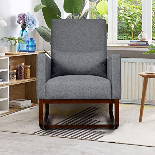 Giantex Upholstered Rocking Chair, Modern High Back Armchair, Comfortable Rocker With Fabric Padded Seat, Waist Pillow And Wood Base Accent Chair For Nursery, Living Room, Bedroom, Office, Gray #TOP4