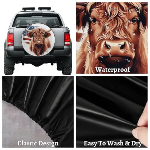 Image of Spare Tire Cover for RV Trailer, American Highland Cow Tire Covers Universal Fit for Travel Trailer Camper Jeep RV SUV Truck Waterproof Wheel Cover (15 inch for Diameter 27 inch - 29 inch),A-1019