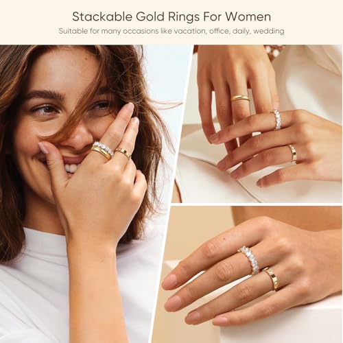 Stackable Rings Set for Women - 3Pcs 18K Gold Plated Ring, Stainless Steel Cubic Zirconia Bands, Waterproof Non-Tarnish Minimalist Jewelry Daily Fashion Gift for Anniversary Holiday Valentine's Day #9 — view 3