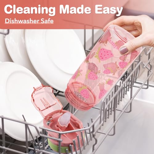 omedecal 480ml Kids Water Bottles, BPA Free Water Bottle with Straw and Handle, Childrens Sports Drinks Bottle, Personalised Cup for Boys Girls, School (Strawberry) - Image 2