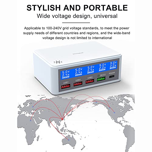 ERYUE Carregador USB múltiplo 65W Estações de carregamento USB de 5 portas com visor LCD PD 20W + QC