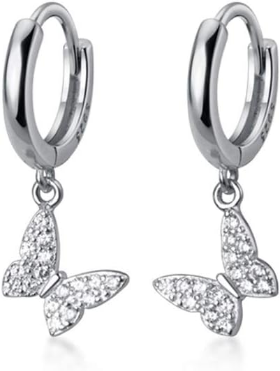 Dainty Butterfly Dangle Hoop Earrings 925 Sterling Silver for Women Cute CZ Crystal Diamond Sparkly Charm Drop Cartilage Small Huggie Hoops 10mm Fashion Jewelry Christmas Gifts Hypoallergenic