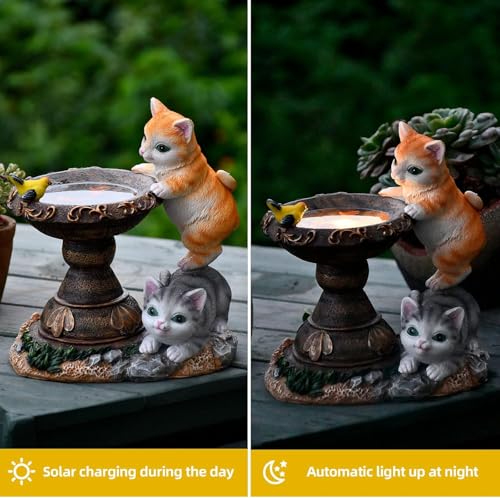Image of XERGY Solar Powered Garden Decor Cute Cat & Bird Resin Statue with LED Bowl - Outdoor Decorative Lamp with Dusk to Dawn Sensor, Waterproof Light for Lawn,Terrace & Balcony Decor (Multicolor)