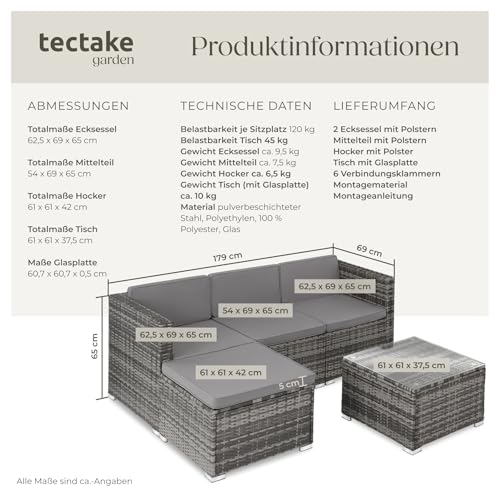 tectake® Poly Rattan Lounge, Outdoor Sitzgruppe, Set mit Sofa Sessel, Hocker, Tisch, frei kombinierbar, Sitzecke für 3-4 Personen… – Ansicht 6